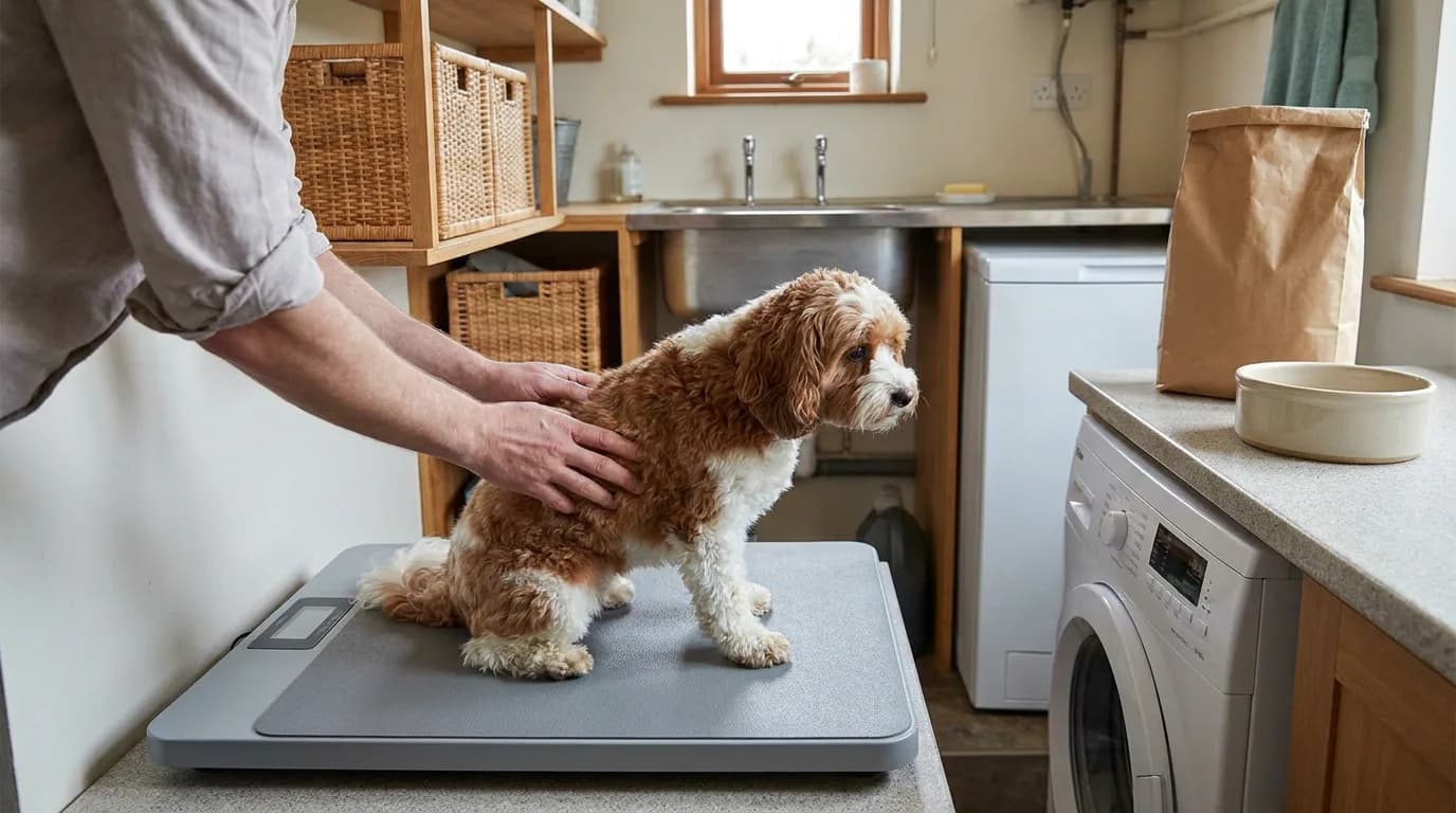 A Cavapoo stands on a veterinary scale.