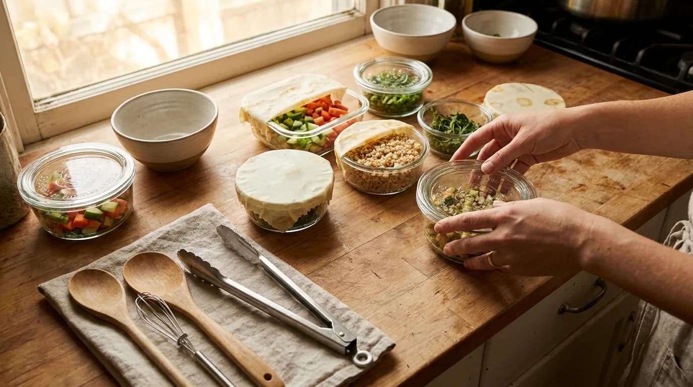 Hands cover small containers of prepared meals.