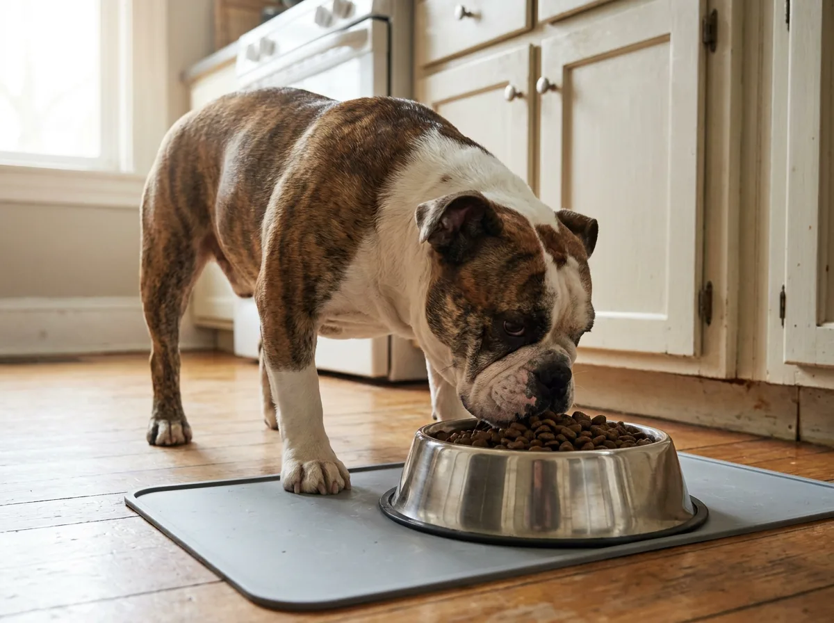 English Bulldog reaching kibble in a wide bowl on a nonslip mat
