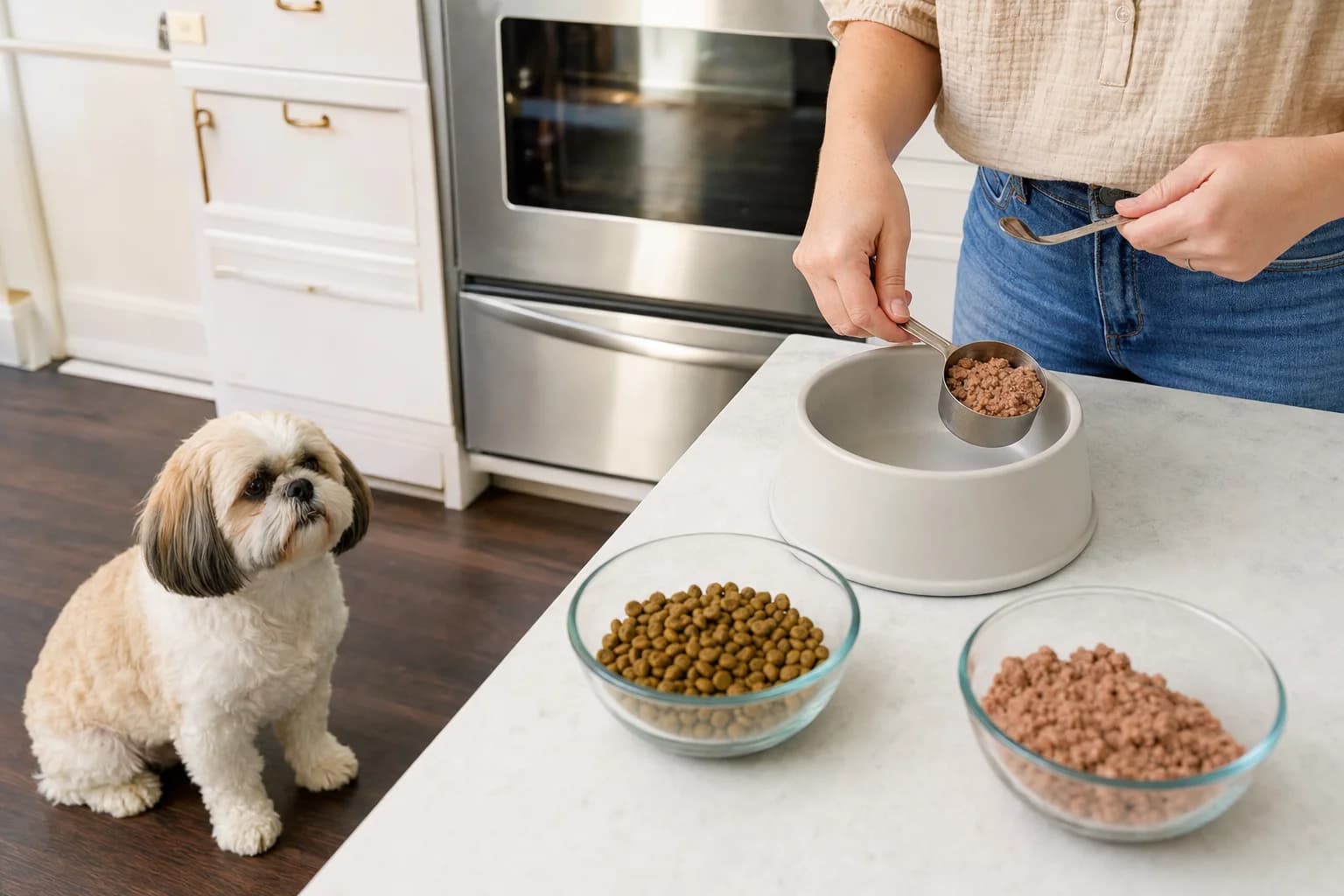 Healthy adult Shih Tzu beside measured dry and wet food portions in a bright home kitchen