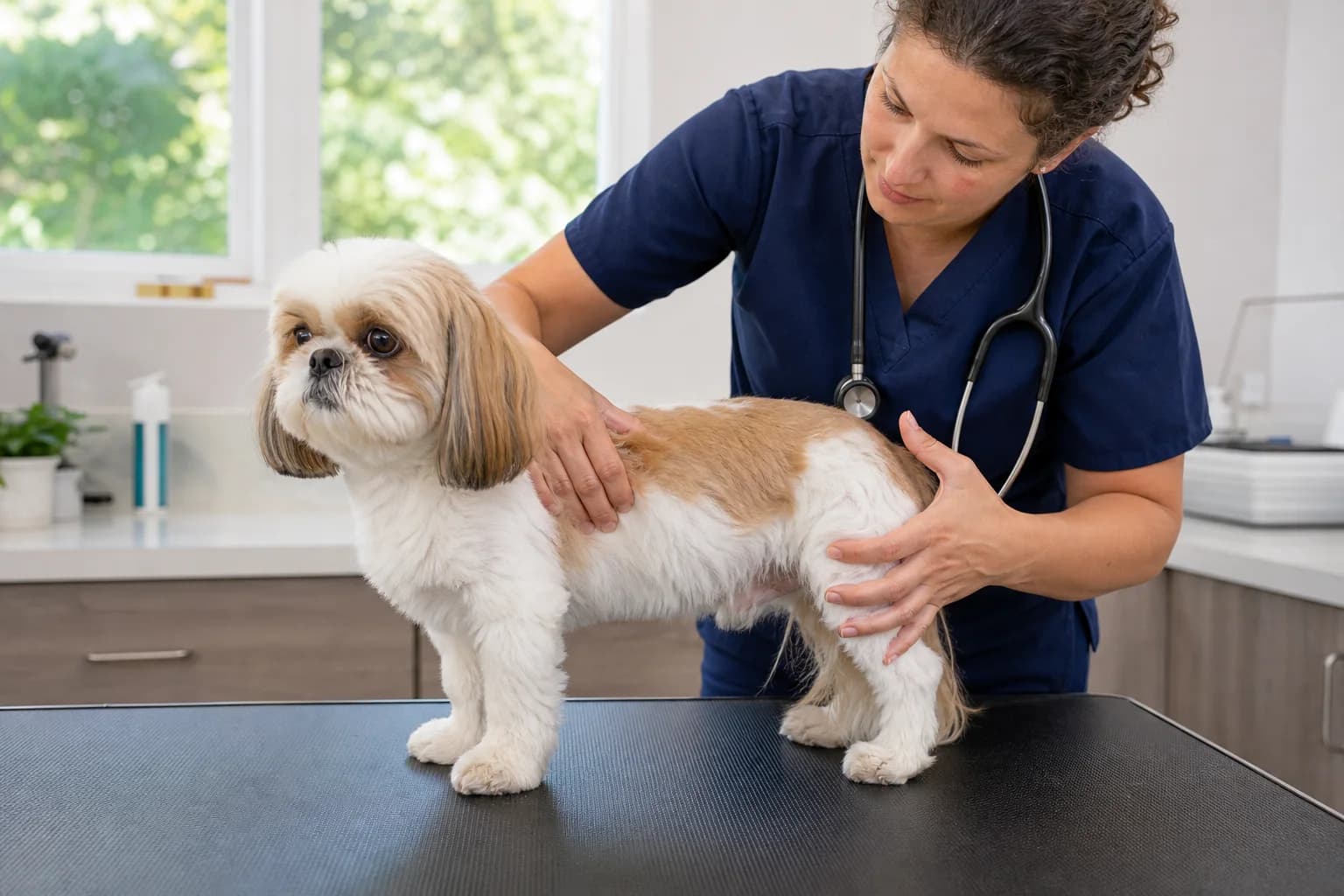 Owner and veterinary professional assessing a Shih Tzu body condition through the coat