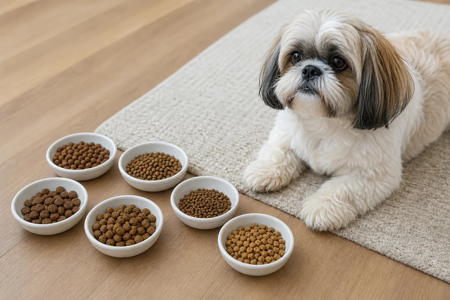 Adult Shih Tzu comparing appropriately sized kibble pieces beside a measuring scoop