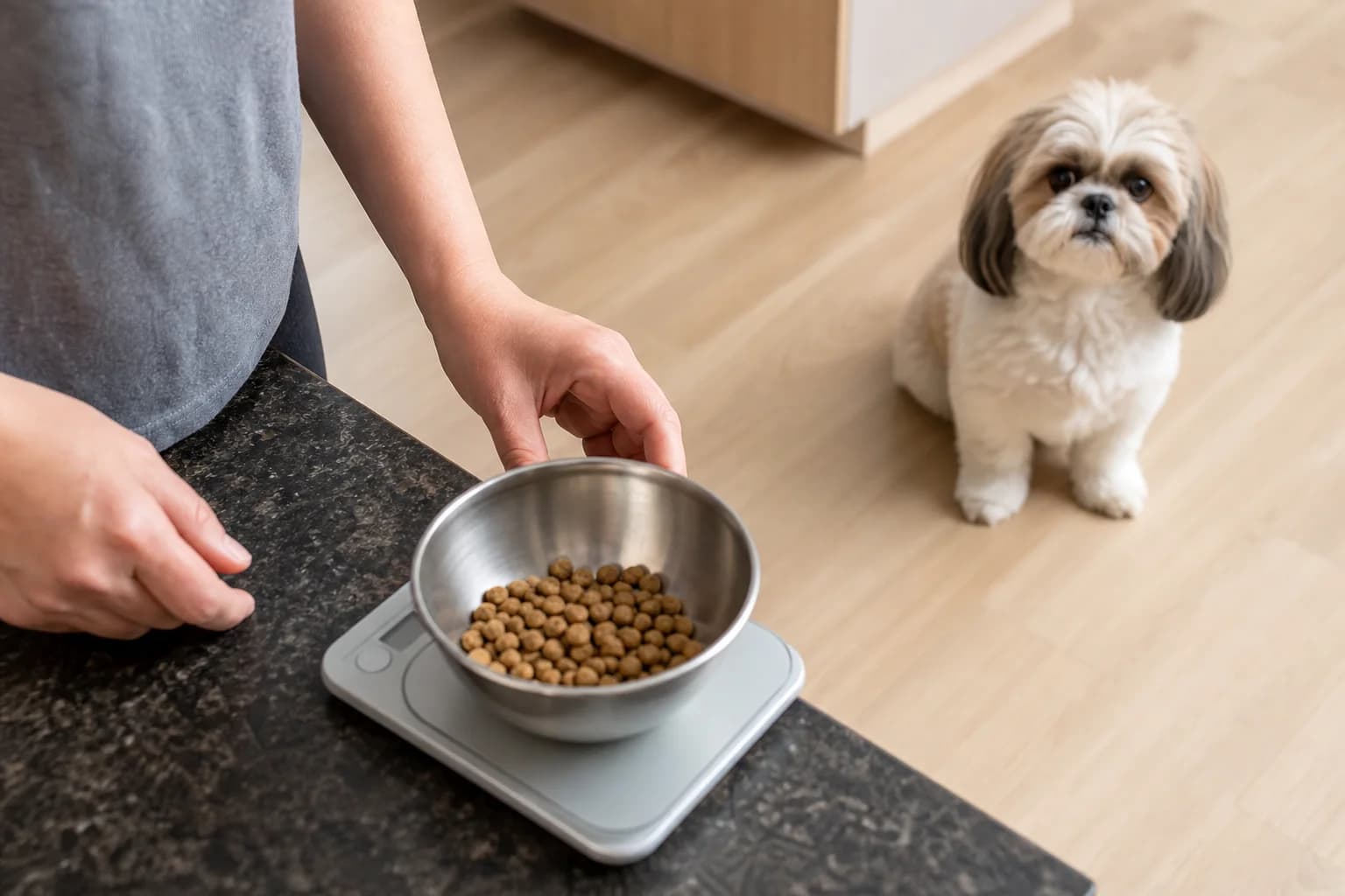 Measured Shih Tzu daily food portion on a kitchen scale with treats counted separately