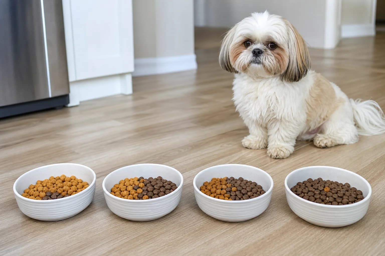Four clearly separated bowls showing a gradual old-to-new dog food transition without text graphics