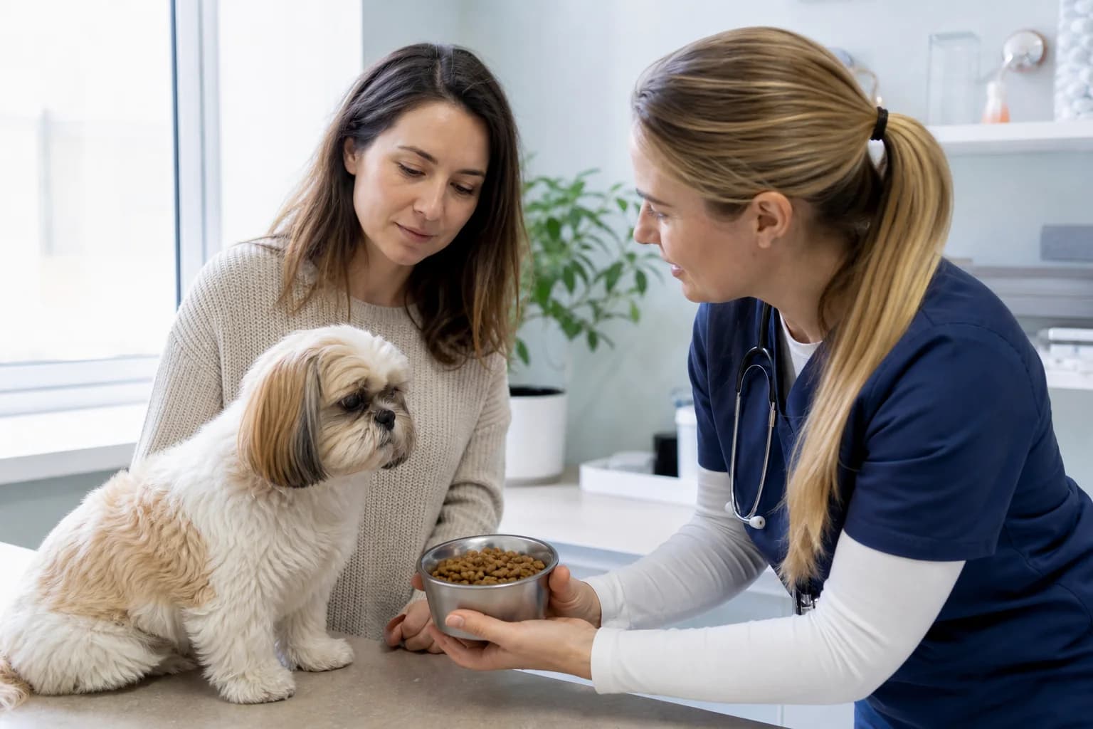 Shih Tzu owner discussing food labels and body condition with a veterinarian