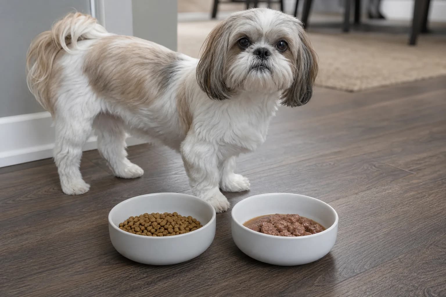 Adult Shih Tzu beside separate realistic dry kibble and wet food bowls for format comparison