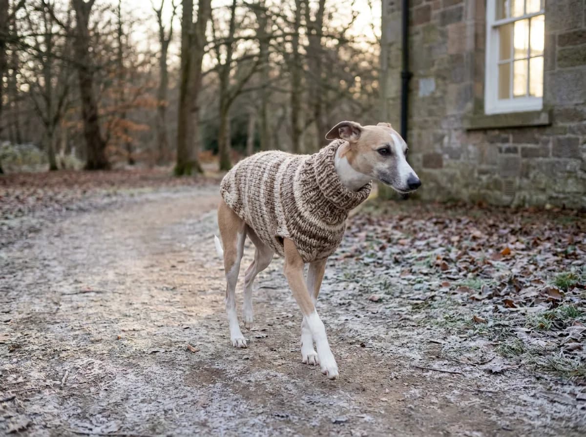 Short-coated whippet in a cream knit turtleneck sweater walking along a frosty leaf-strewn path beside a stone house in winter light