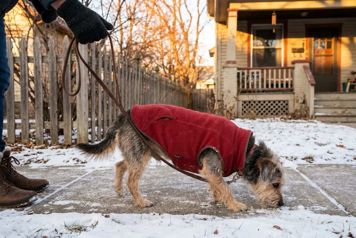 Small wiry terrier mix in a red fleece jacket sniffing a snowy front path on a leash held by a gloved hand