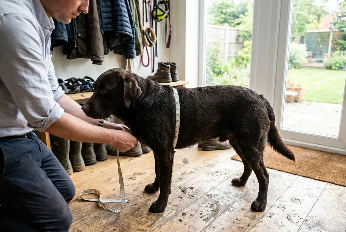 Owner kneeling in a mudroom to wrap a soft tape measure around a chocolate Labrador's chest just behind the front legs