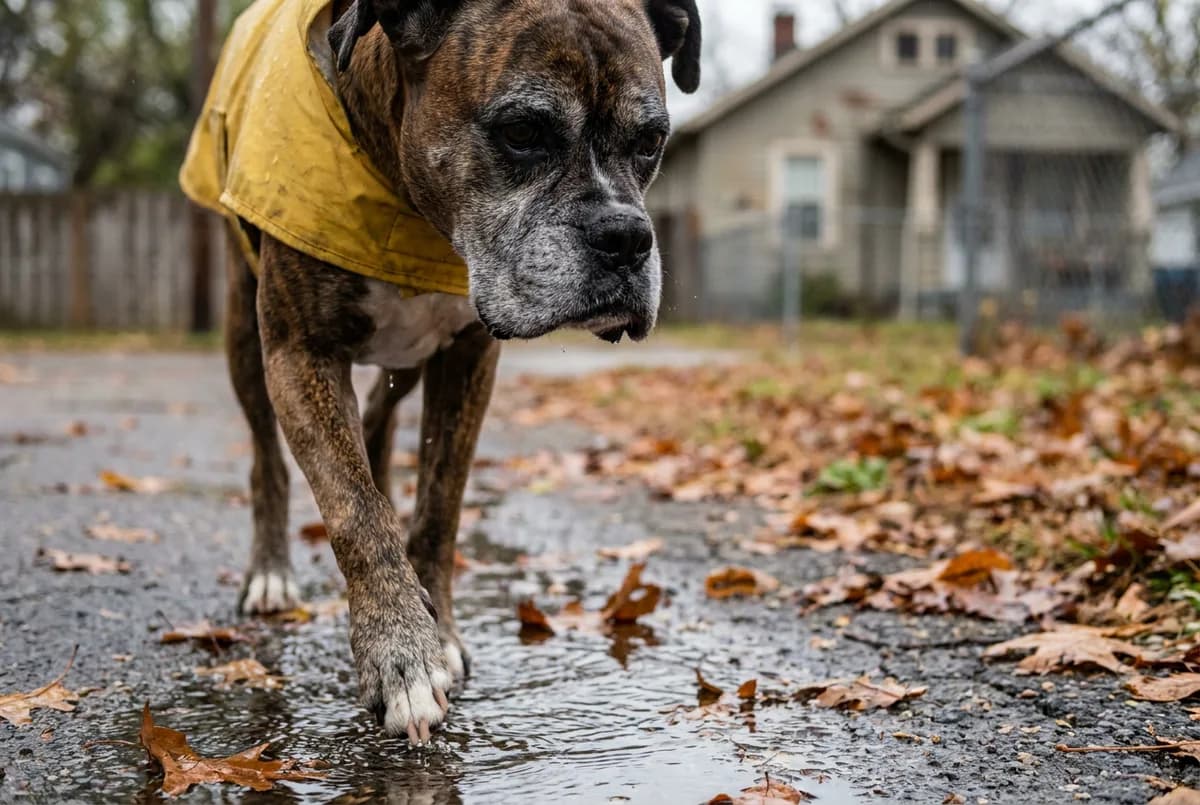 Brindle boxer in a yellow raincoat walking through puddles on a wet street covered in autumn leaves