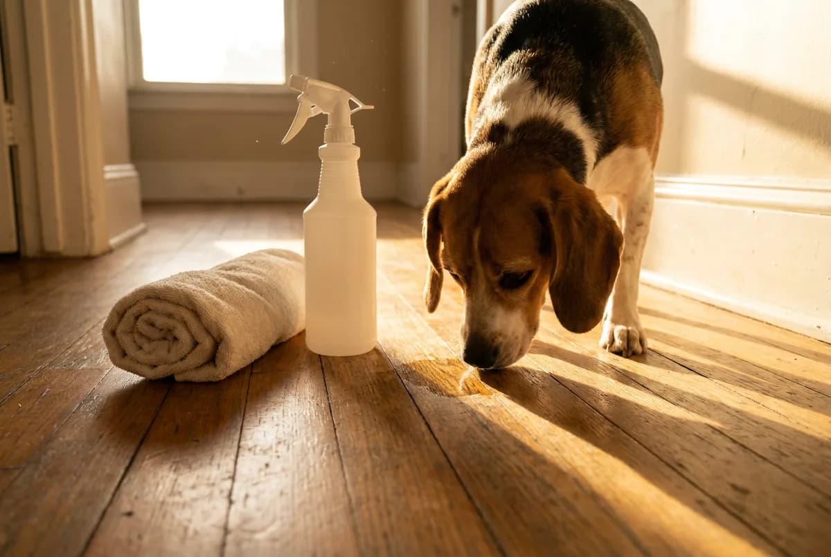 Beagle sniffing a damp spot on a hardwood hallway floor next to a rolled towel and a plain white spray bottle