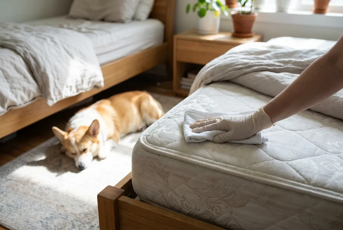 Gloved hand blotting the corner of a mattress with a white cloth while a corgi naps on the bedroom rug
