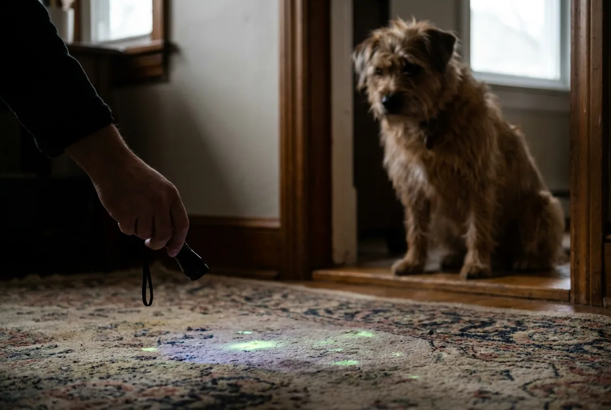 Black light held low over a patterned rug revealing faint glowing urine spots while a scruffy dog sits in the doorway