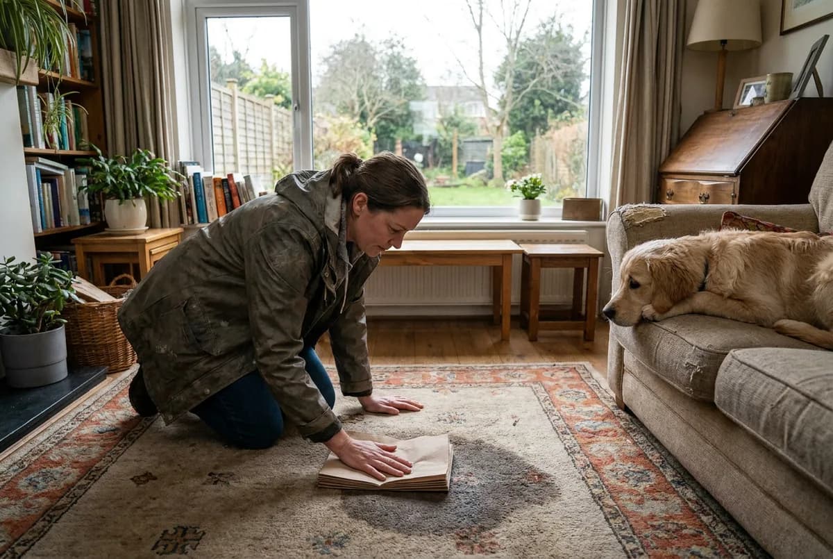 Woman kneeling on a patterned rug pressing paper towels onto a fresh damp stain while a golden retriever rests on the couch