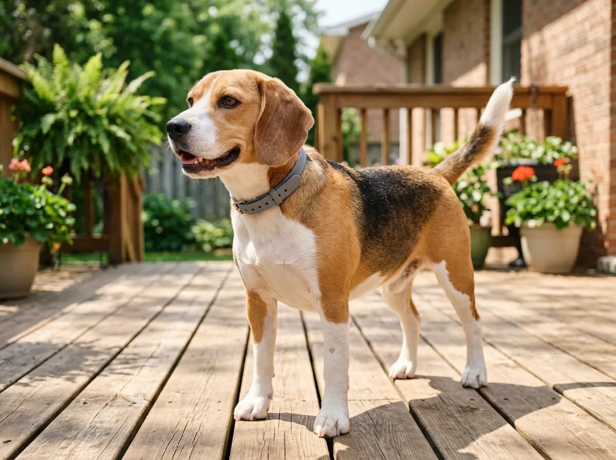 Tricolor Beagle wearing a gray collar stands on a sunny wooden backyard deck near potted plants.