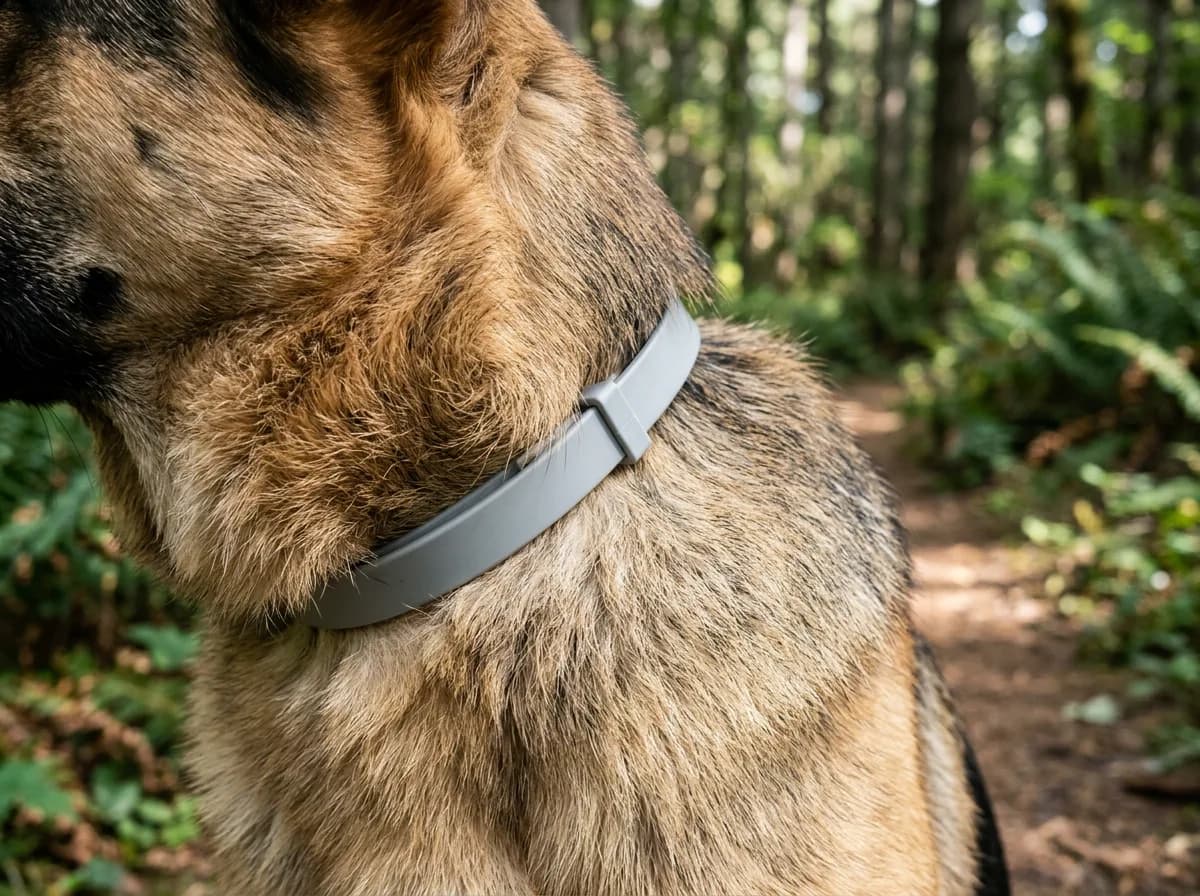 Close-up of a shepherd type dog's neck showing a gray flea collar against thick tan fur on a forest trail.