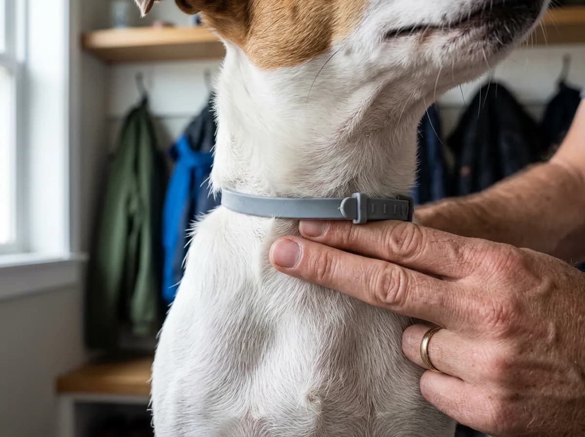Close-up of a person's hand adjusting a gray collar around the neck of a white and tan dog indoors.
