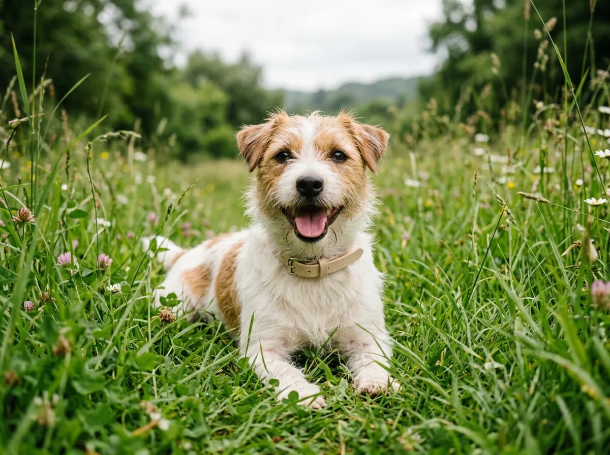 White and tan terrier wearing a tan collar lies in green grass with wildflowers, mouth open and tongue out.