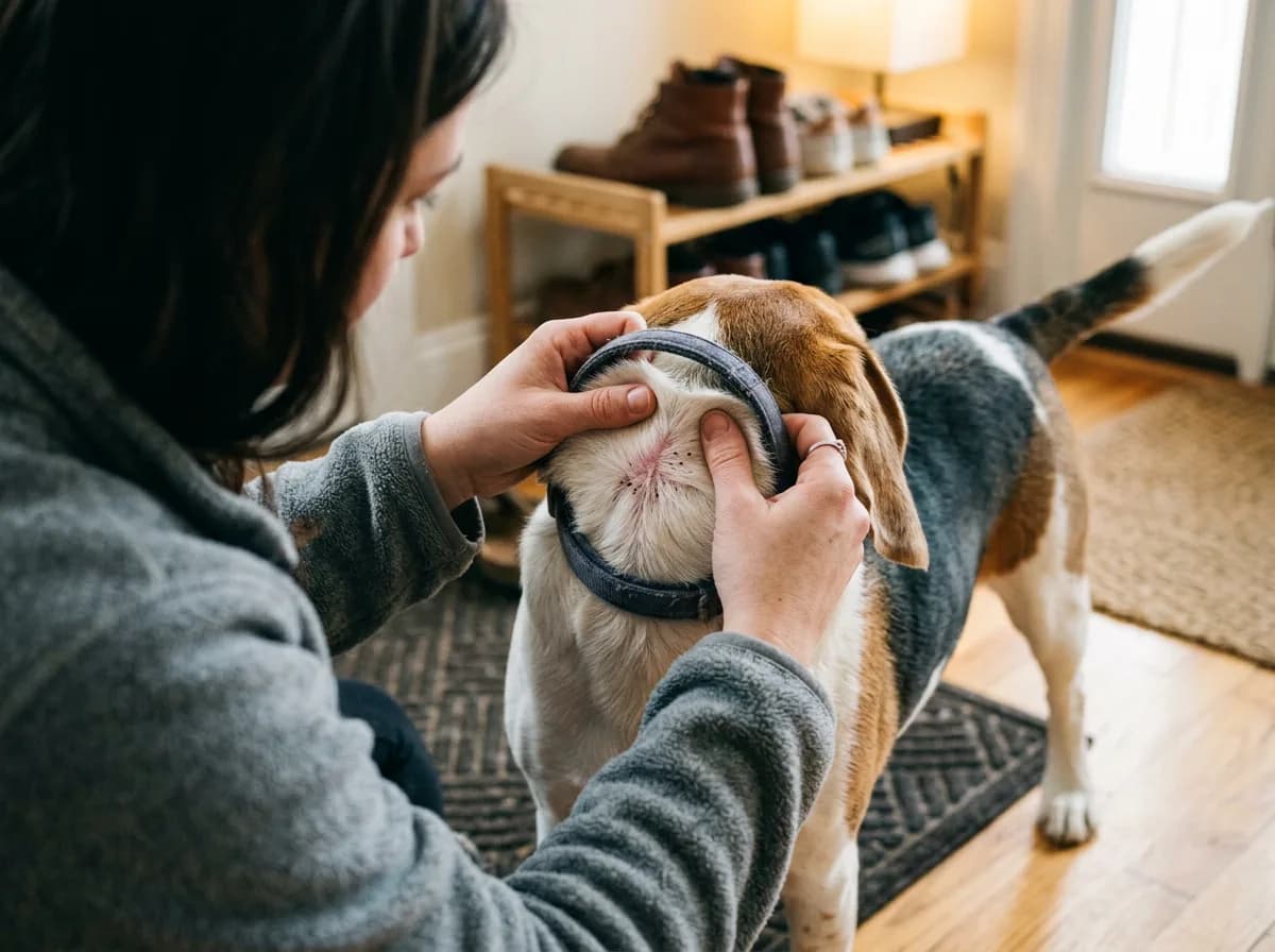 Person kneeling indoors fits a dark collar over the head of a tricolor Beagle standing on a floor mat.