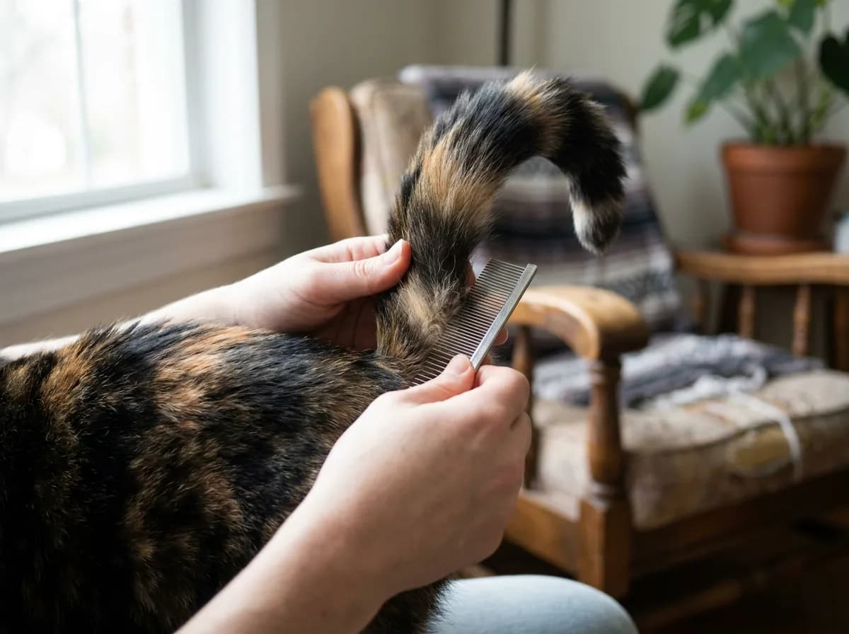 Hands parting the fur at the base of a tortoiseshell cat's tail with a fine-tooth metal flea comb in soft window light