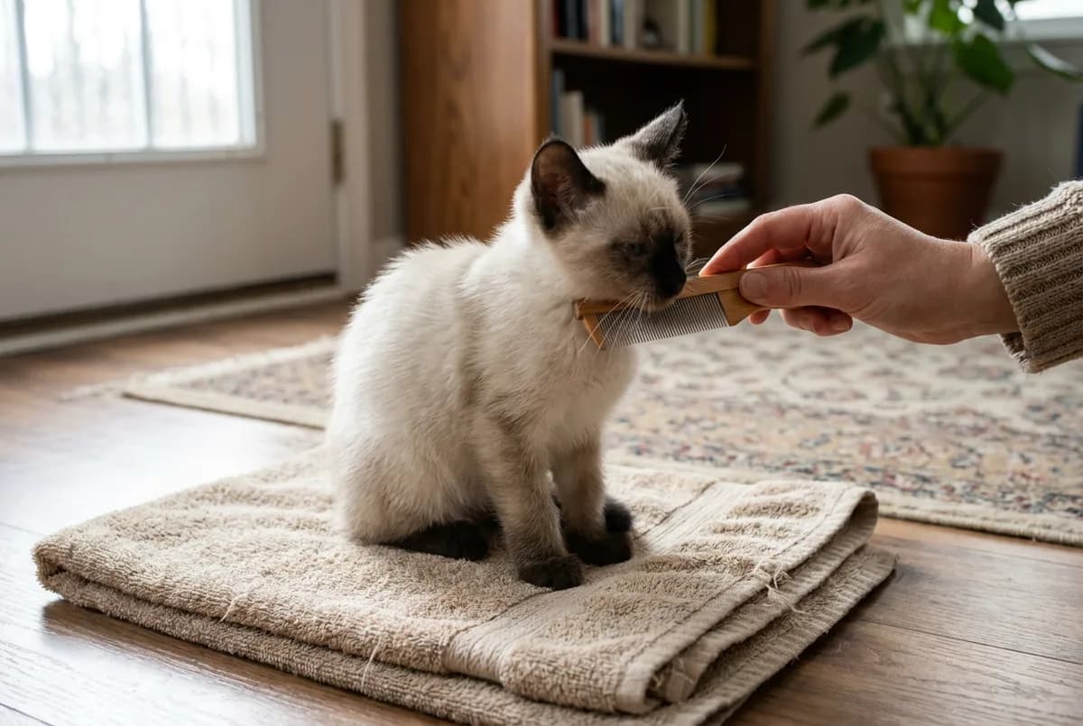 Siamese kitten sitting on a folded towel while a hand runs a small wooden-handled comb along its cheek