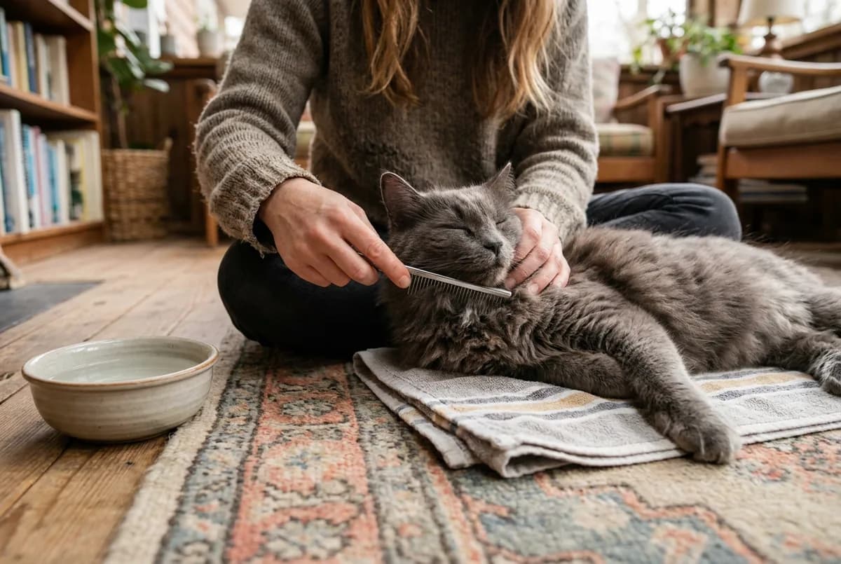 Person sitting cross-legged on a rug combing the neck of a relaxed grey long-haired cat on a towel, a bowl of water nearby