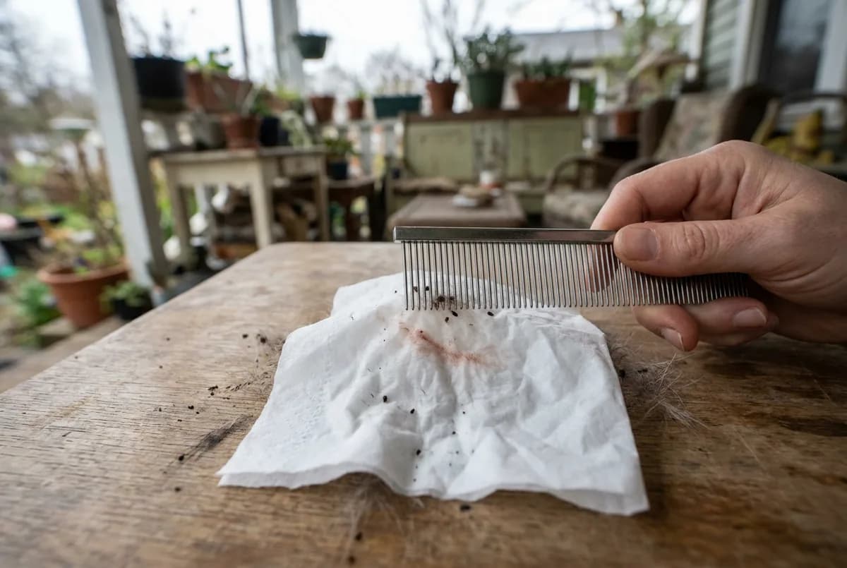 Close view of a flea comb beside black specks on a damp white tissue showing a faint red-brown smear