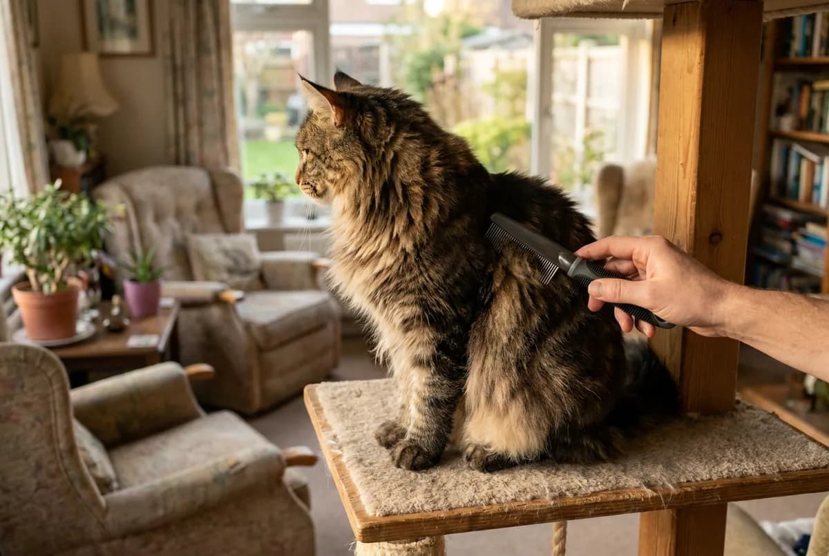 Long-haired tabby Maine Coon sitting on a cat tree platform while a hand combs its hindquarters with a black handled comb