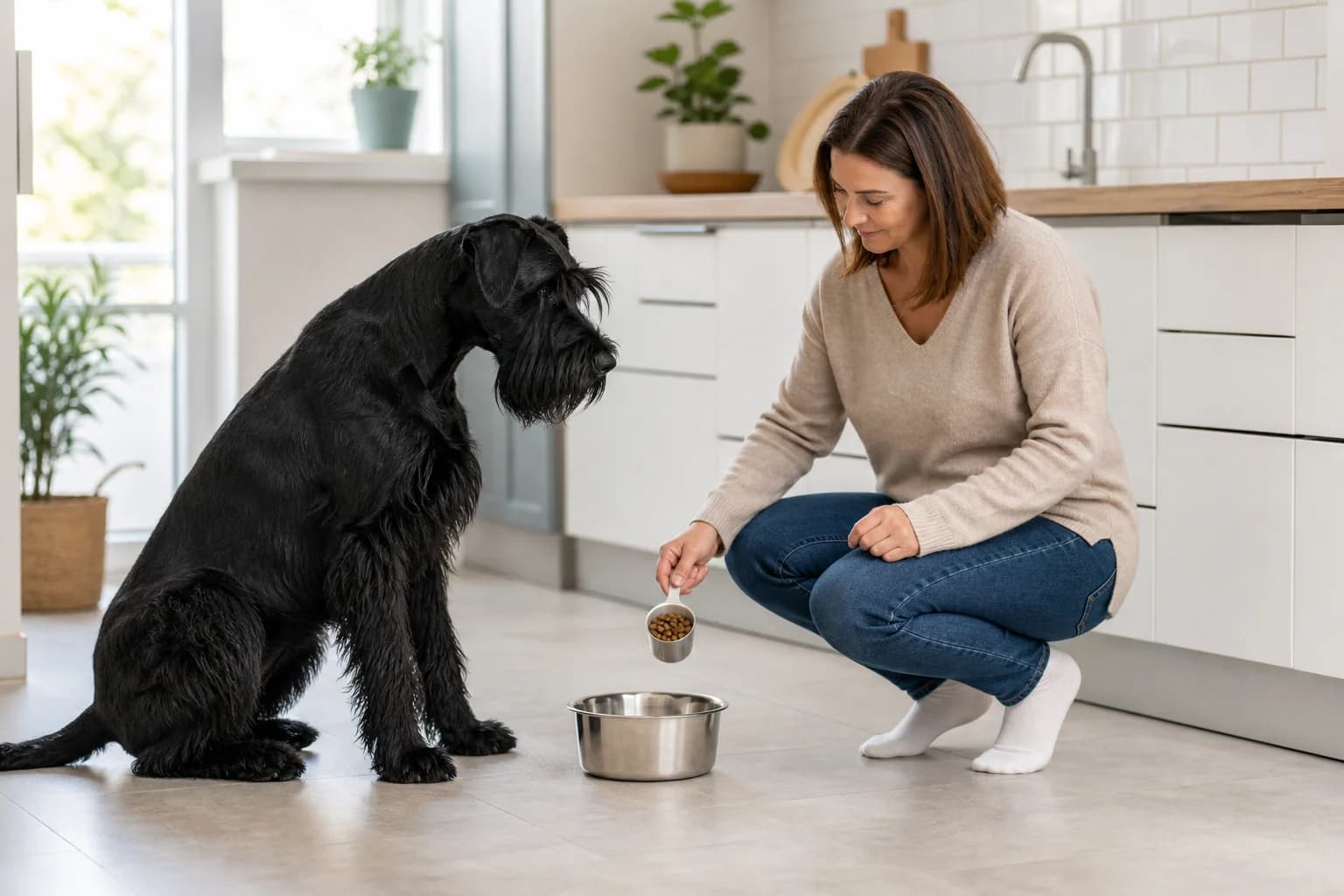 Adult Giant Schnauzer calmly waiting beside an unbranded measured meal