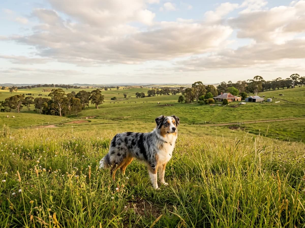 An Australian Shepherd standing in tall grass on large open rural acreage