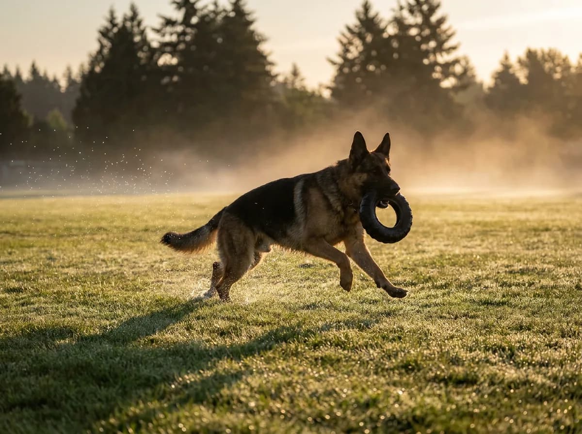 German shepherd running across a misty dew-covered lawn at sunrise carrying a black rubber ring