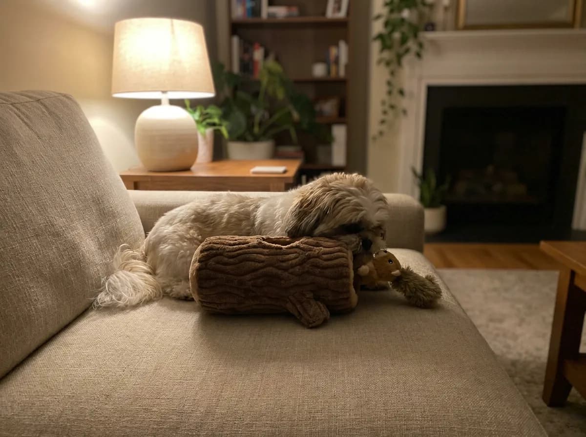 Shih Tzu alone on a beige sofa pulling a plush squirrel out of a hollow plush log toy