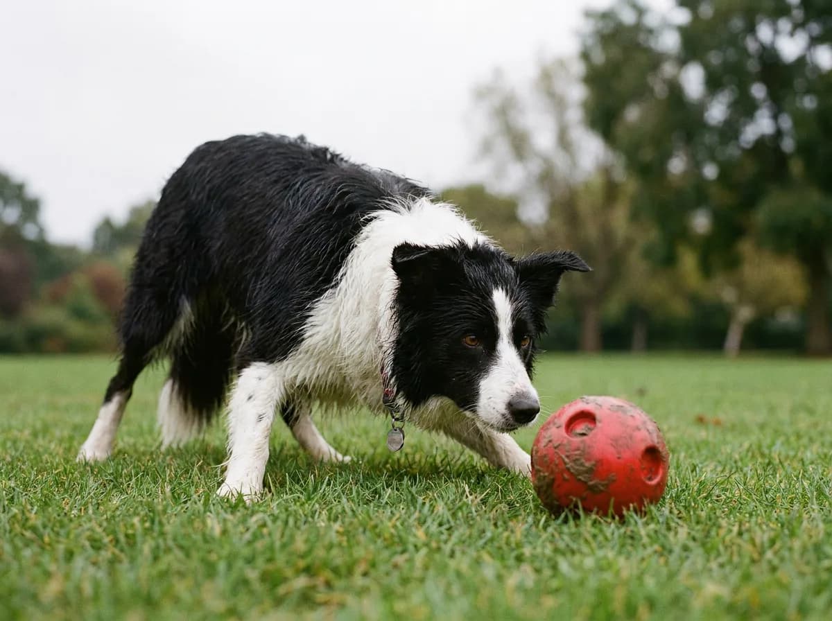Border collie crouched on grass staring at a red treat-dispensing ball