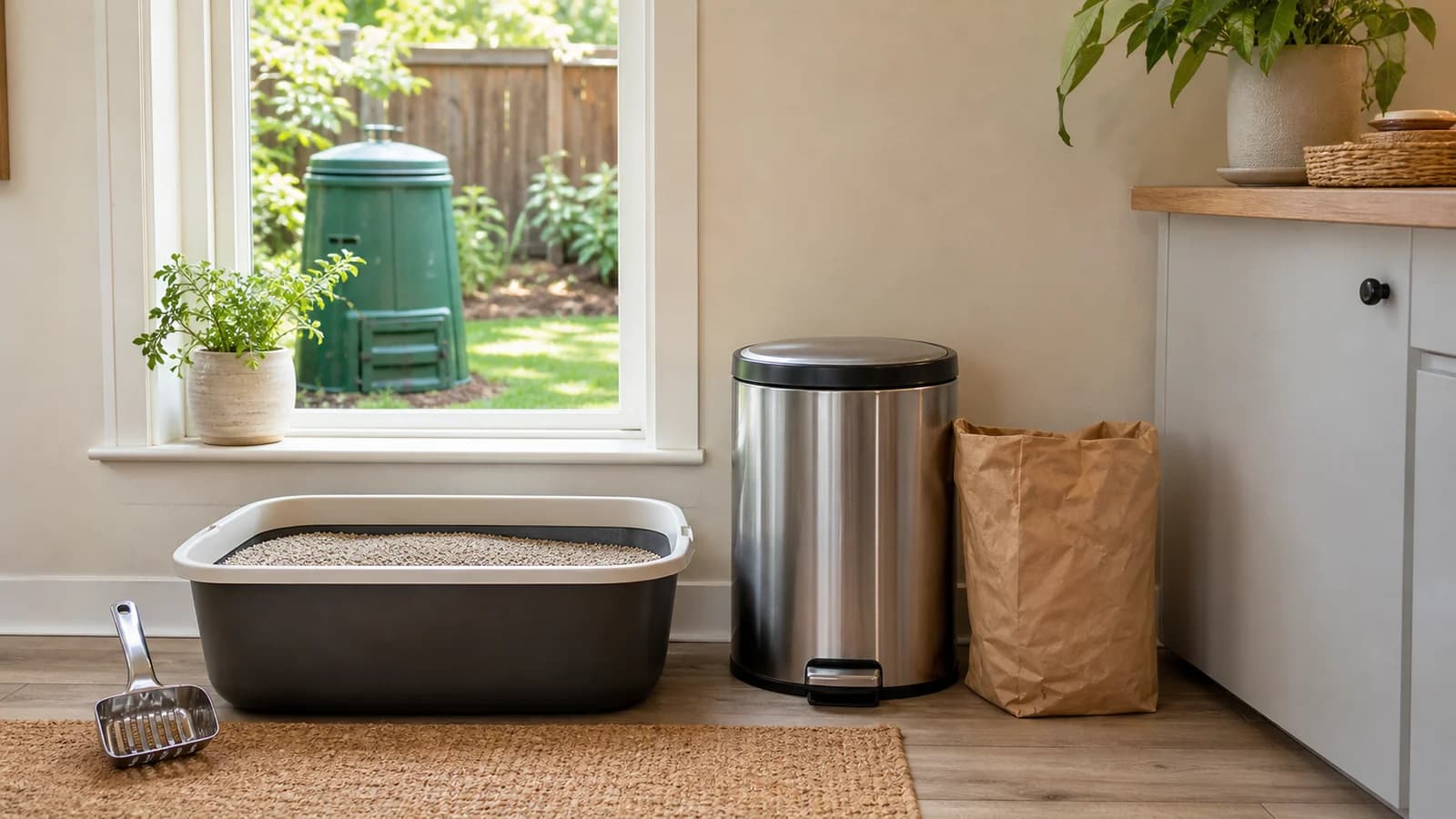 Clean litter station with sealed household waste and a separate outdoor compost context visible through a window