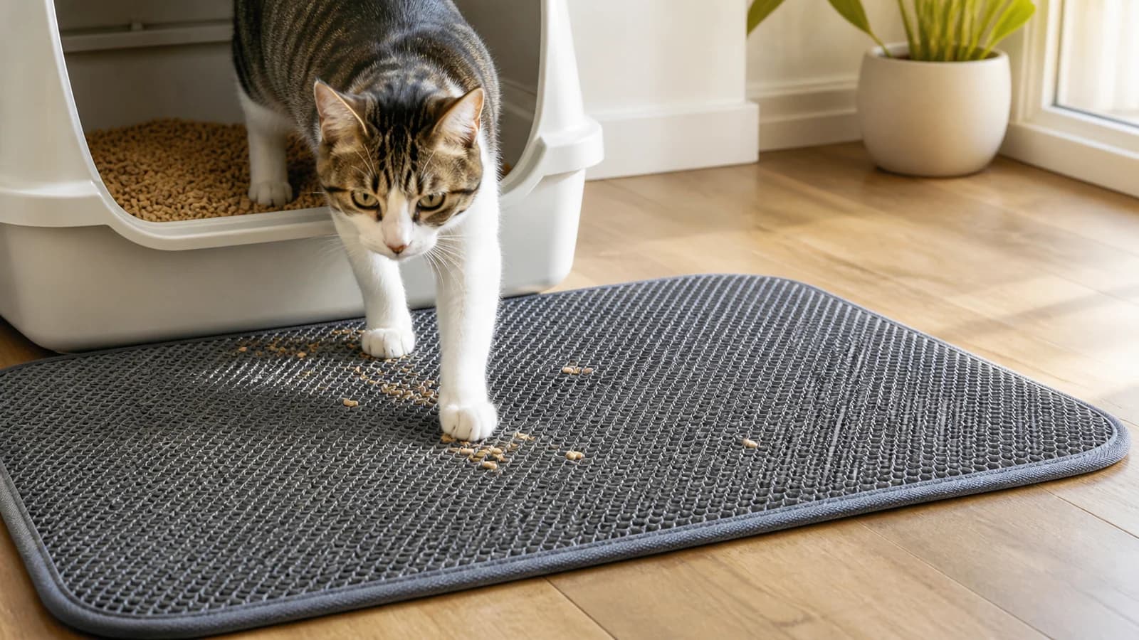 Cat paws stepping onto a textured litter mat with a small realistic scatter of natural litter granules