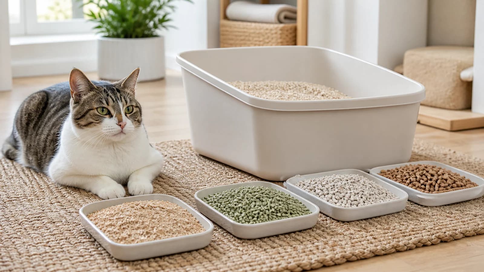 Relaxed cat beside shallow trays showing several distinct unbranded natural litter materials