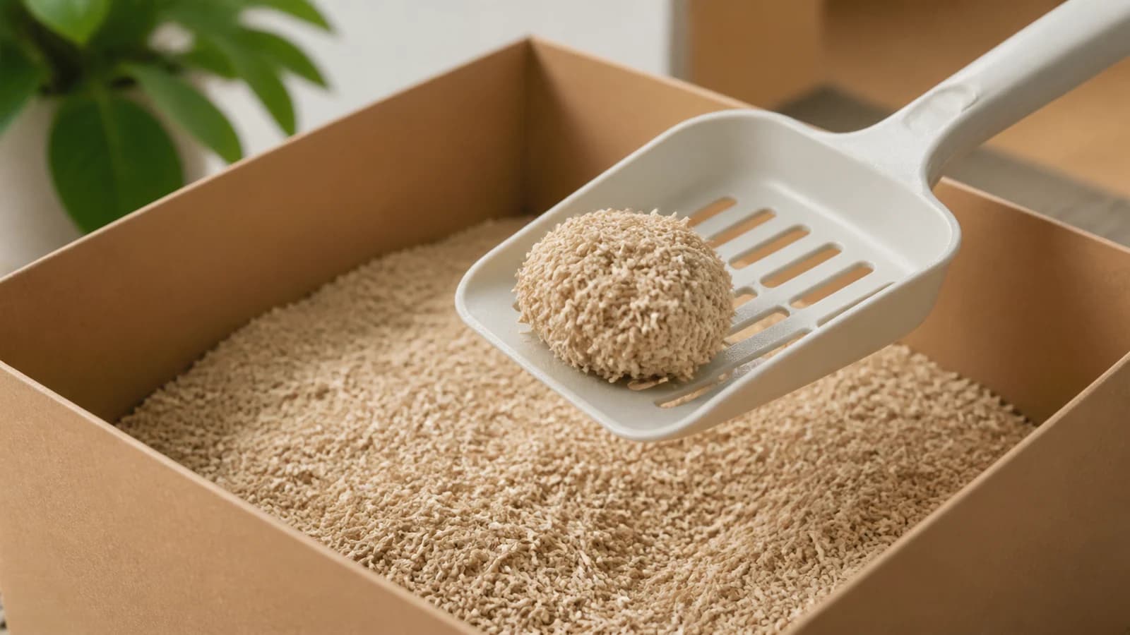 Metal litter scoop lifting one firm plant-based litter clump beside dry intact granules