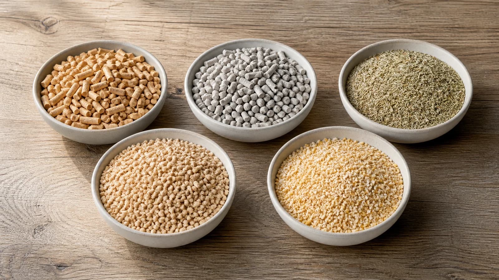Separate unlabeled samples of pine pellets, recycled paper pellets, grass granules, wheat granules, and corn-based cat litter