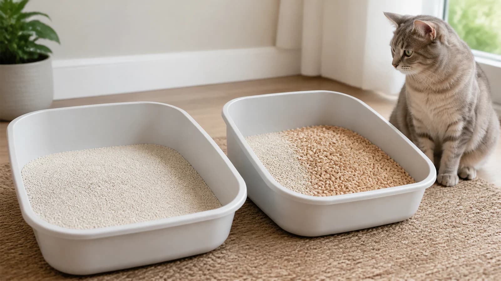 Two open litter boxes side by side, one with familiar fine litter and one showing a gradual transition toward larger natural pellets