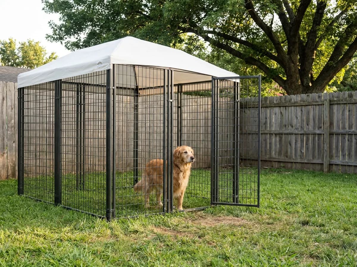 Golden retriever standing inside a black welded-wire outdoor kennel run with a white roof cover on a backyard lawn