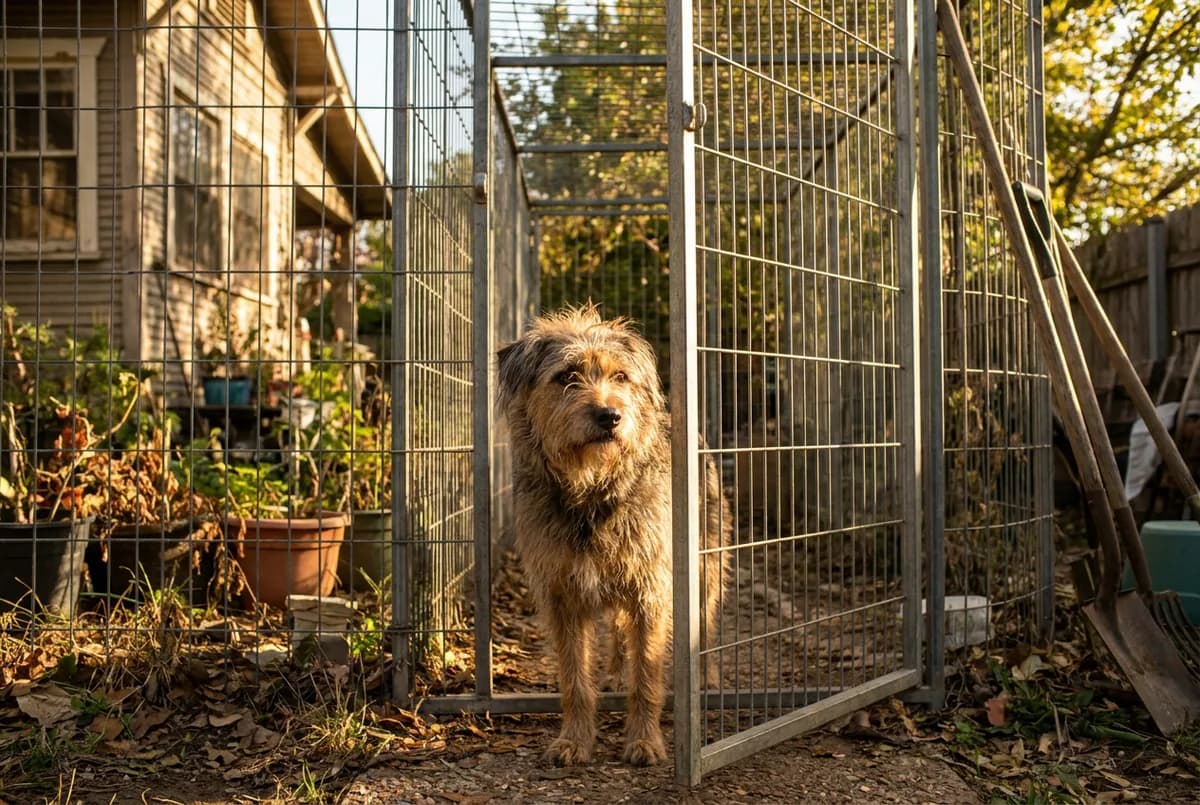 Scruffy brown dog standing at the open gate of a tall galvanized wire kennel run beside a house in evening light