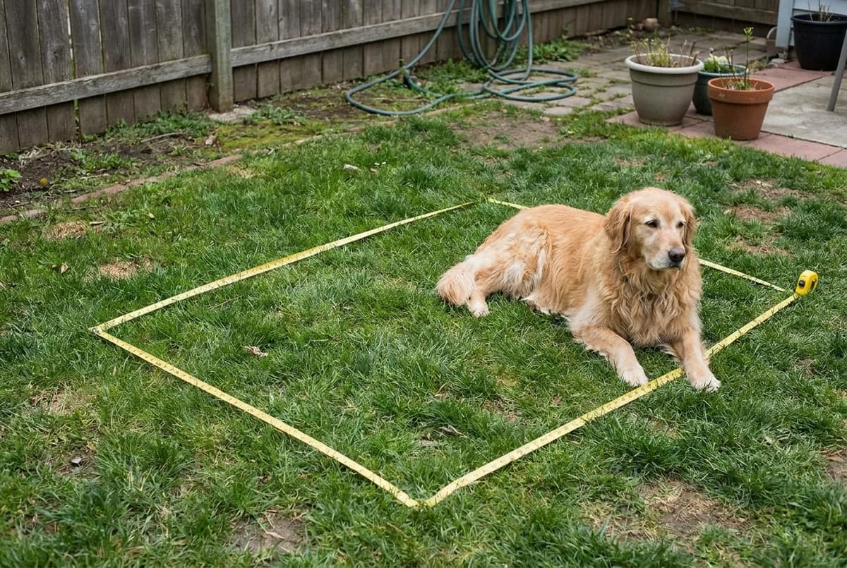 Golden retriever lying on a lawn inside a rectangle marked out with yellow tape to plan a kennel footprint