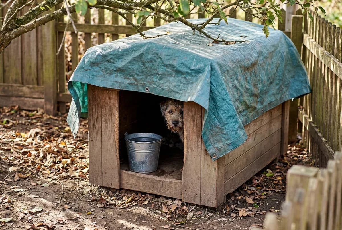 Terrier resting inside a wooden dog house covered with a blue tarp in a leafy fenced yard, a metal water bucket in the doorway