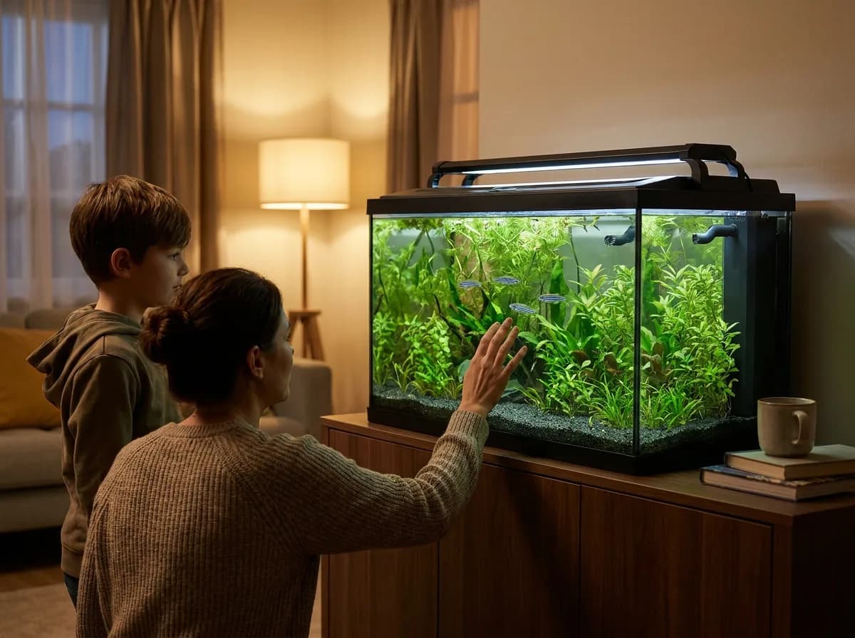 An adult and child watch fish in a planted aquarium on a sturdy cabinet.