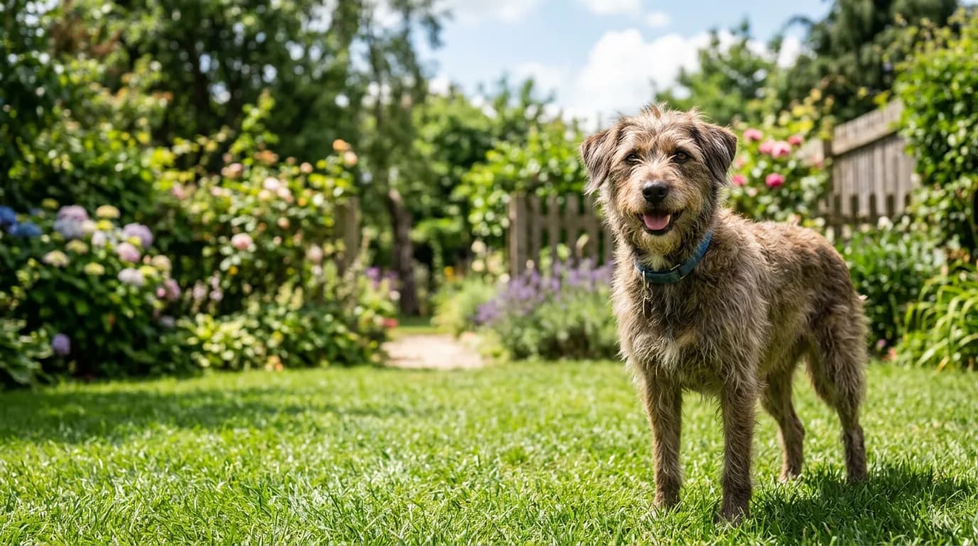 A happy, healthy mixed-breed dog standing in a sunny green backyard