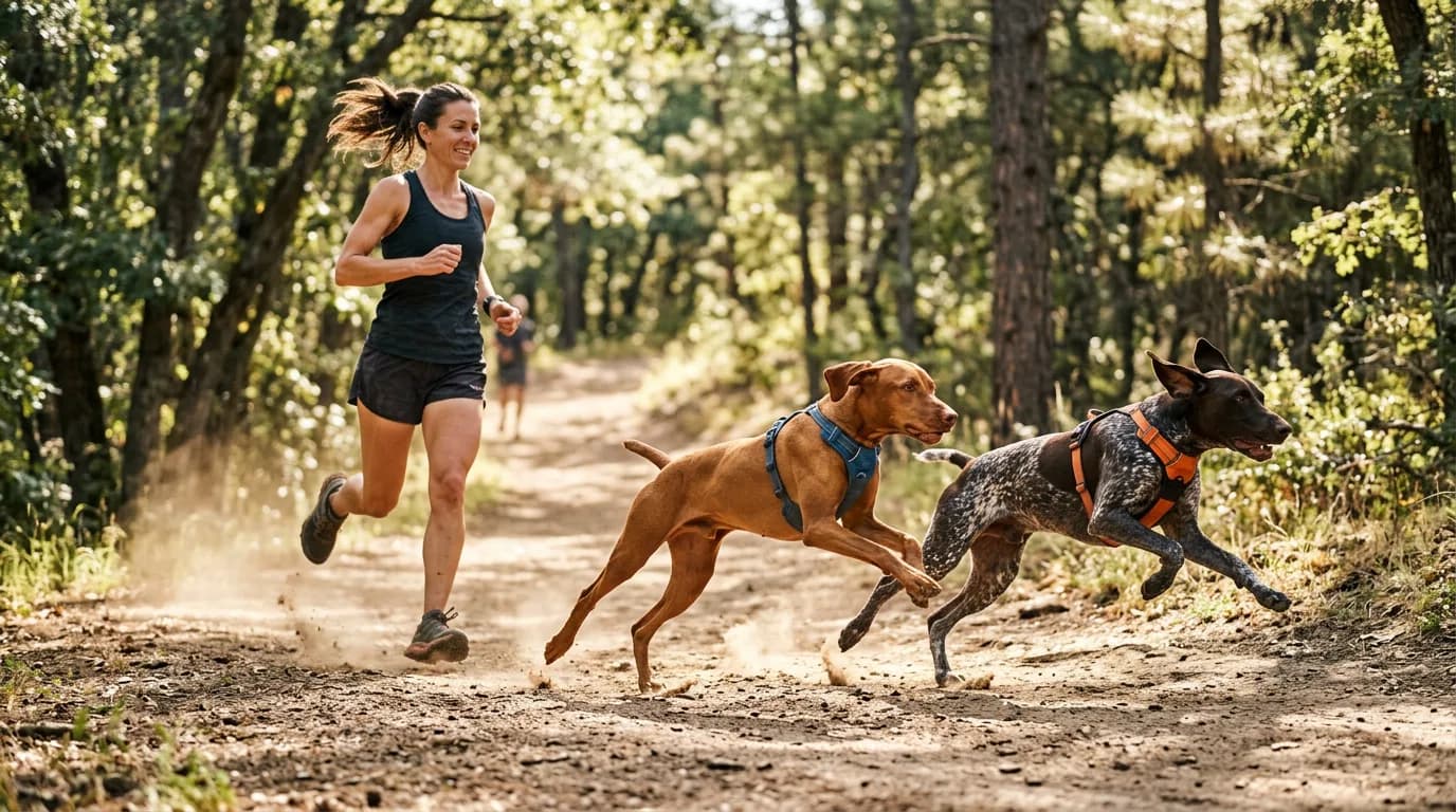 a lean vizsla and a german shorthaired pointer running side by side with a jogger on a sunlit dirt trail, mid-stride, dust kicking up, focus on the dogs' a