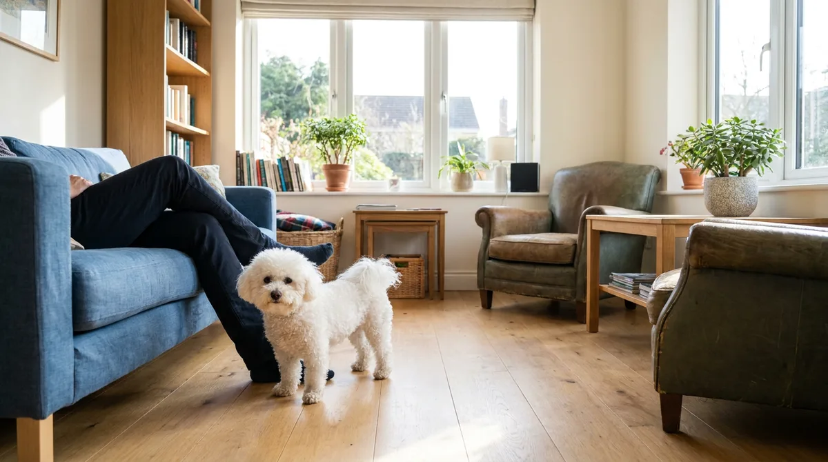 White Bichon Frise standing beside a seated person in a bright living room.