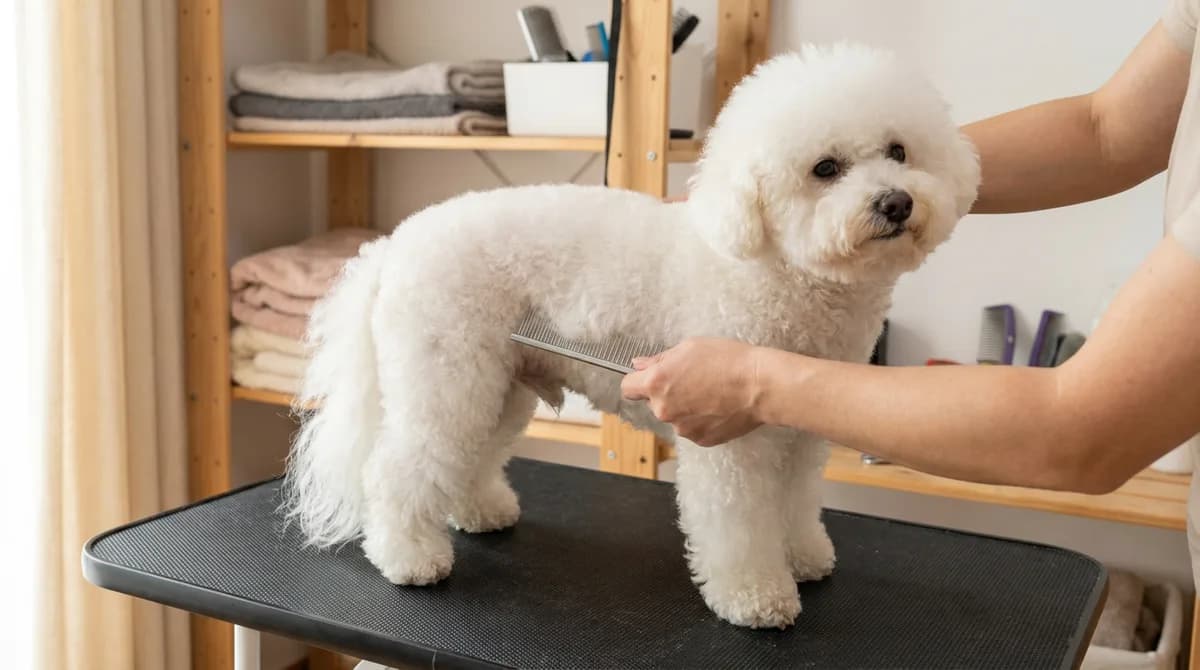 A person combing a white Bichon Frise on a nonslip grooming table.