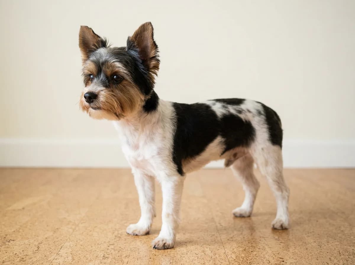 Biewer Terrier in side profile with a short, even body trim