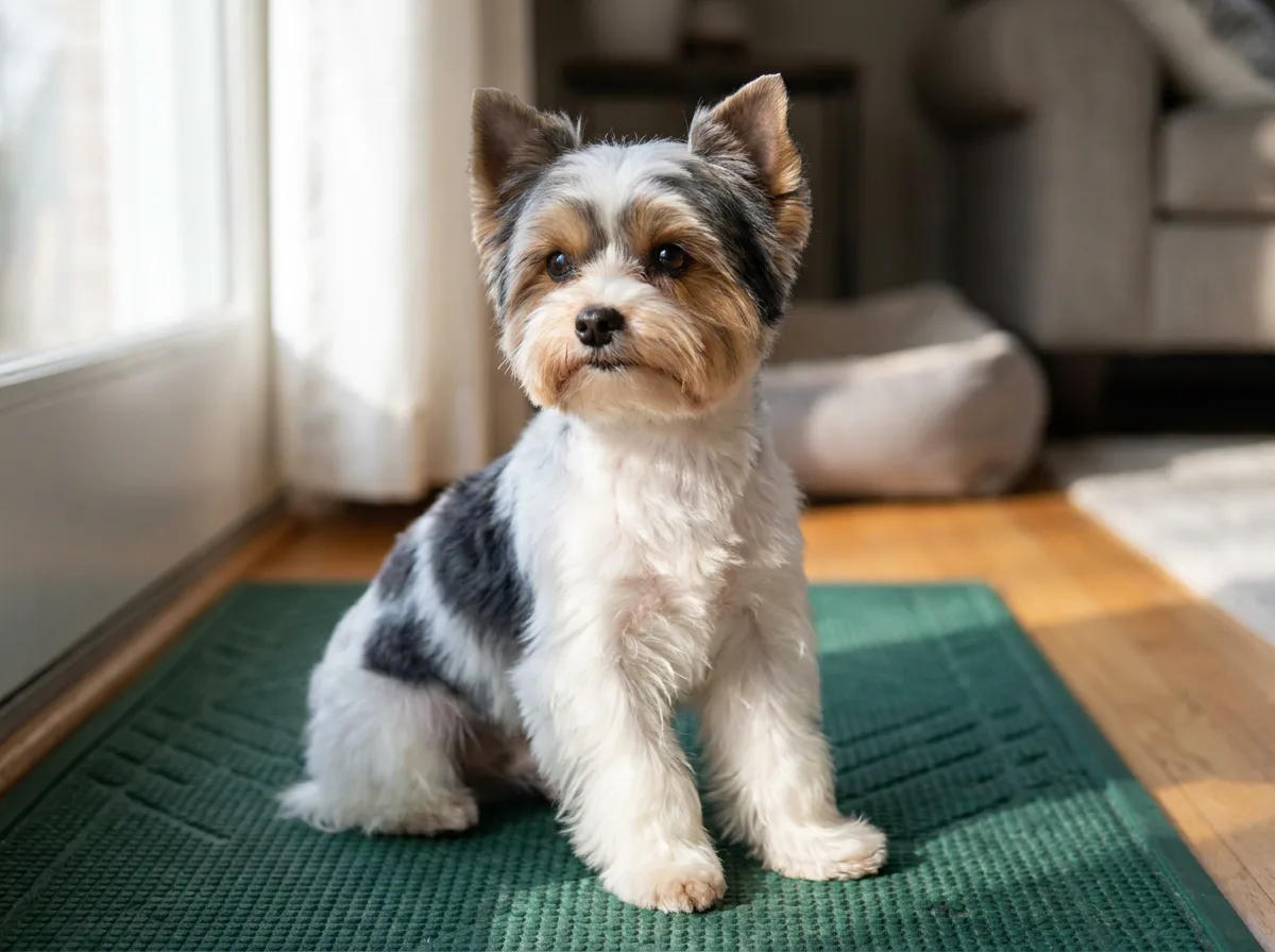 Biewer Terrier sitting on a green rug with a rounded facial trim